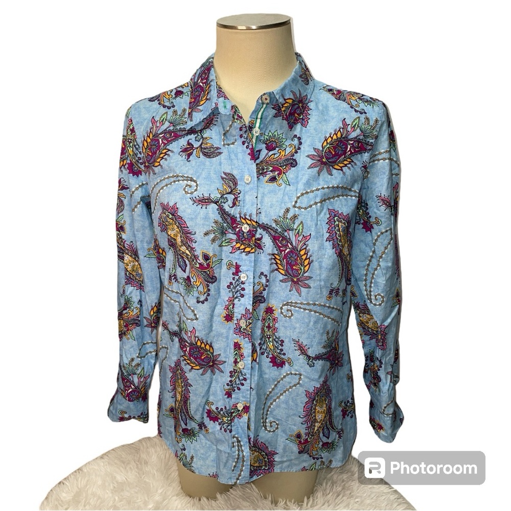 Talbots Cotton Button Front Swirly Paisley Blouse Top Women's Size M